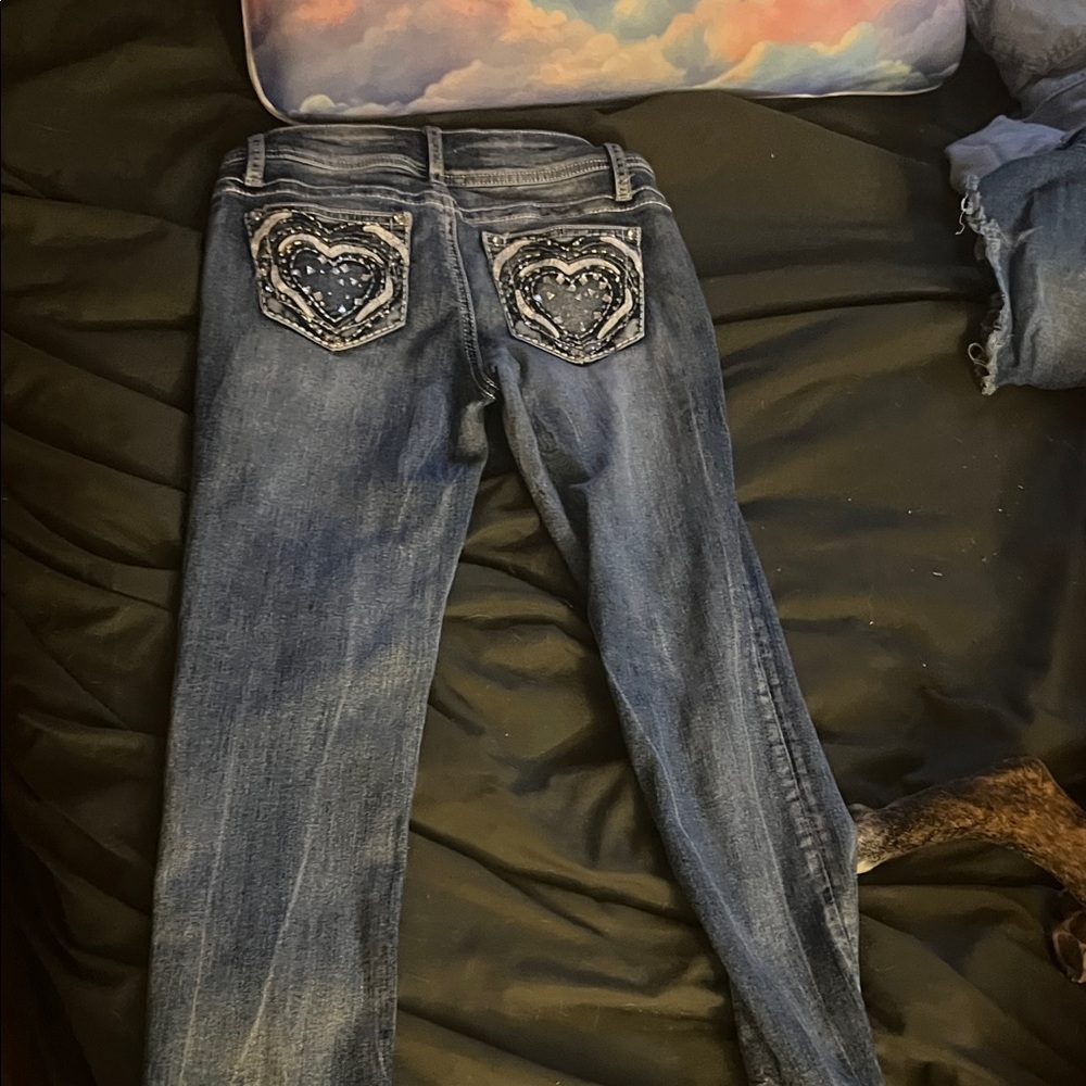 Girls Dark Blue Embellished Heart Pocket Jeans